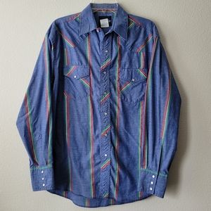 Wrangler Pearl Snap Long Sleeve Shirt Blue Stripe Chambray Button Up